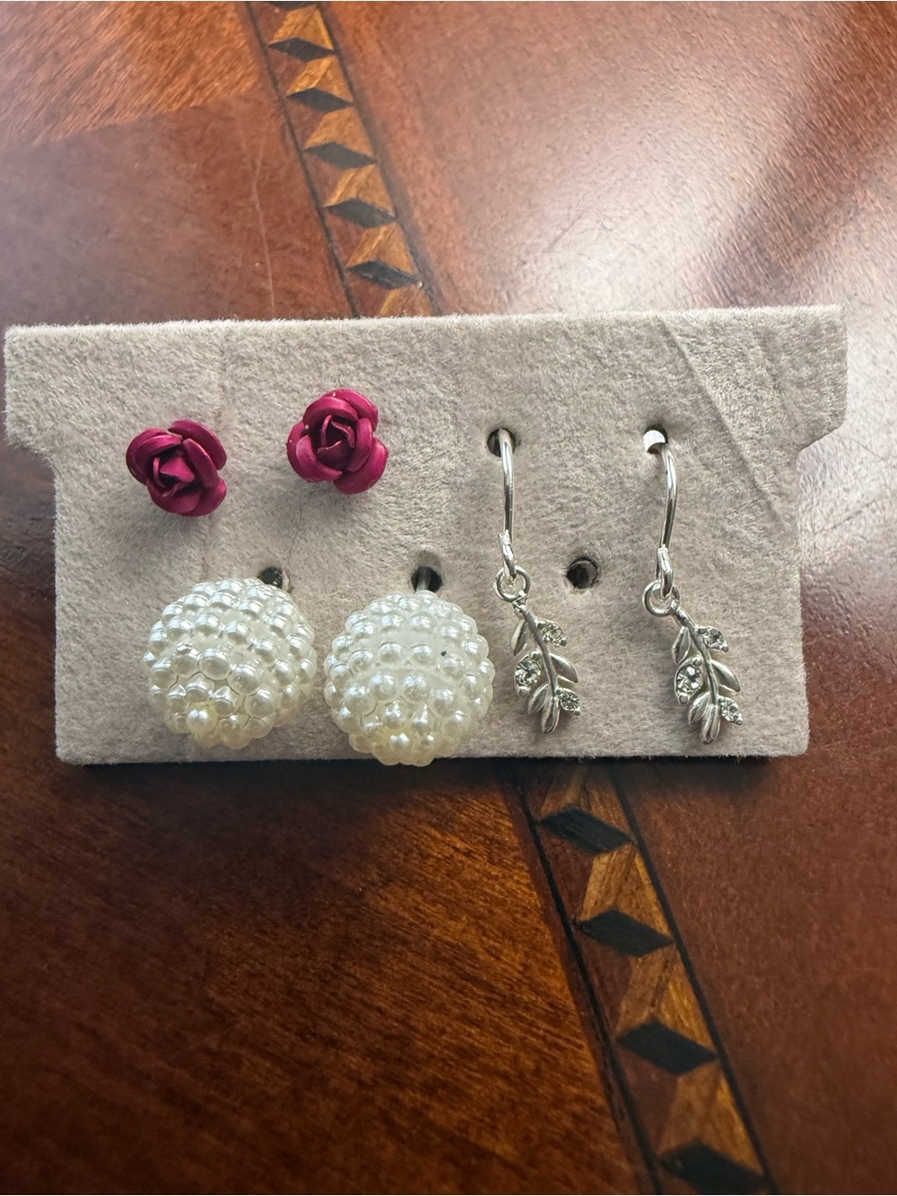 Women's Earring Set - Pink Rose Studs, White Pearl Cluster, Silver Leaf Drops